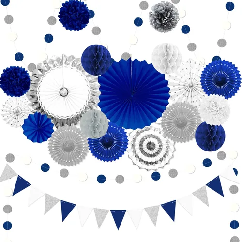 Vista 23 de Juego de 24 piezas de decoración de fiesta de cumpleaños azul marino dorado para baby shower with Hanging Paper Fans Pom Poms Flowers Garland