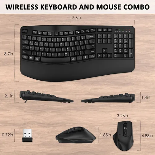 Vista 8 de Combo de teclado y mouse inalámbricos, teclas de onda ergonómica 2.4G (negro) Full Size Wave Keyboard with Wrist Rest, 3-Level DPI Adjustable