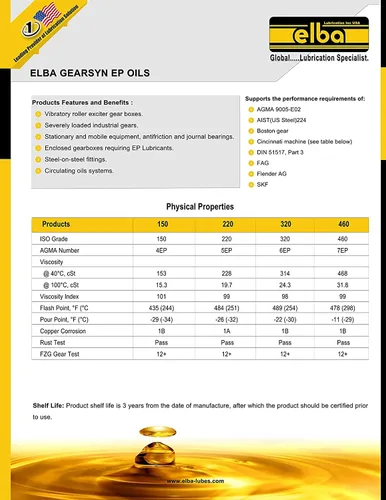Vista 5 de ELBA LUBES Gear-SYN EP 220 Aceites para engranajes sintéticos Aceites EP de servicio pesado Fluidos para engranajes SAE 90 Comparar