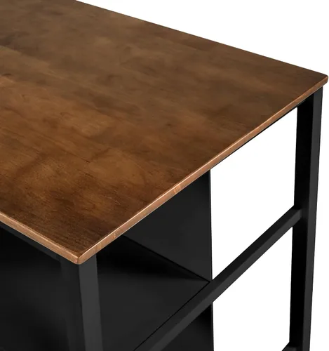 Vista 6 de Polibi Juego de isla de cocina de 3 piezas con 2 taburetes y 2 estantes, juego de mesa de comedor de madera de goma rústica con estantes abiertos