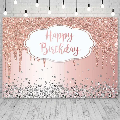 Vista 2 de Telón de fondo de 7 x 5 pies para cumpleaños con purpurina que gotea, diamantes de cristal, rosa dorado, para fotografía, decoración para fiesta