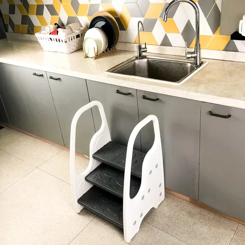 Vista 7 de Taburete de 3 escalones para niños pequeños, taburete de tres escalones para fregadero de baño o encimera de cocina, torre de pie, ayudante