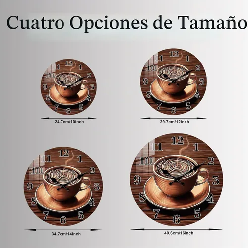 Vista 5 de Reloj de pared de taza de café para cocina de 10 pulgadas – Reloj de pared vintage a pilas – Relojes de pared de madera silenciosos sin tictac