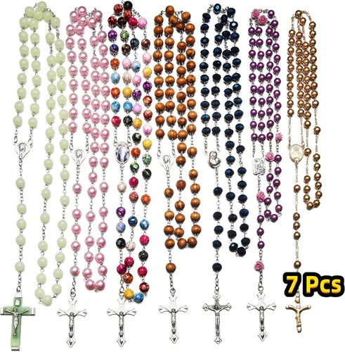 Vista 2 de SZQCZB 7 collares católicos con cuentas de rosario y 18 tarjetas sagradas, regalos de primera comunión católica, medalla y cruz de Our Rose Lourdes
