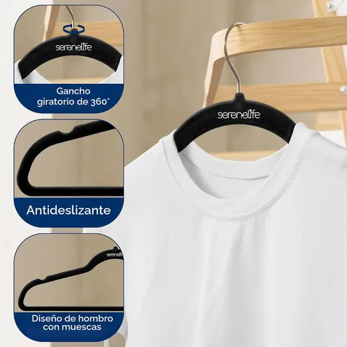 Vista 5 de SereneLife Paquete de 10 Perchas para Ropa de Terciopelo – Perchas Antideslizantes para Ropa con Diseño de Servicio Pesado, Perchas Delgadas que