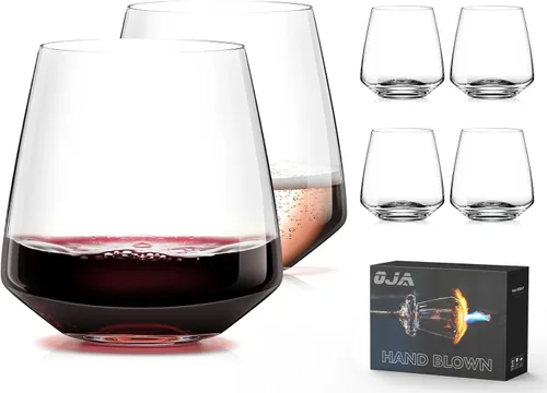 Vista 21 de OJA Juego de 12 copas de vino sin tallo, 15 onzas, copas de vino tinto y blanco de cristal, sin tallo, transparentes, vaso resistente para beber