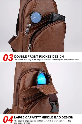 Vista 5 de Bolso bandolera de cuero para hombre, mochila cruzada de hombro con puerto de carga USB para viajes, gimnasio, deportes y senderismo, Coffee, A, A