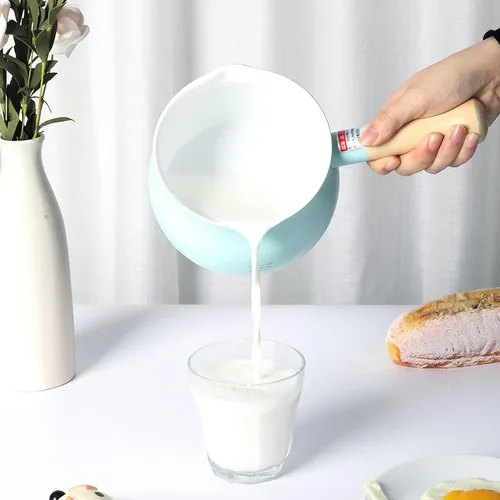 Vista 5 de Olla de leche pequeña beige de 1.2L con tapa lindo mango de madera hogar sartén antiadherente leche caliente bebé suplemento de alimentos olla