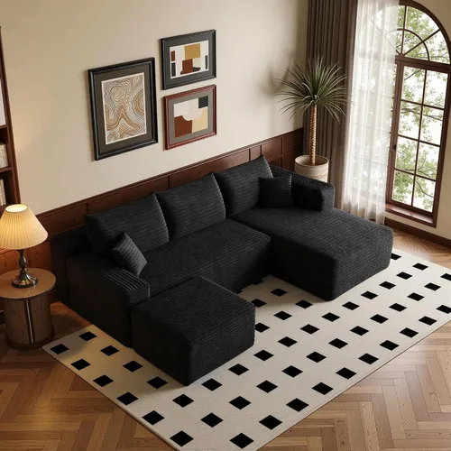 Vista 50 de Sofá modular moderno de 96 pulgadas para sala de estar, sofá modular tapizado sin hueso con bolsillos, cómodo sofá nube con diván en forma de L Negro