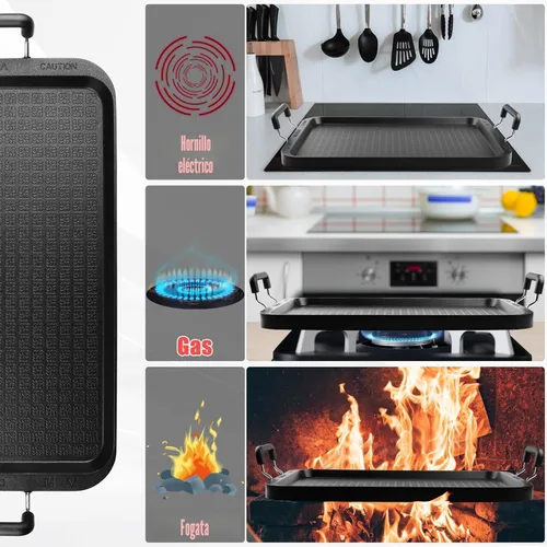 Vista 3 de Plancha superior para estufa de gas, sartén de doble quemador resistente a la deformación de 17 pulgadas, parrilla de aluminio antiadherente