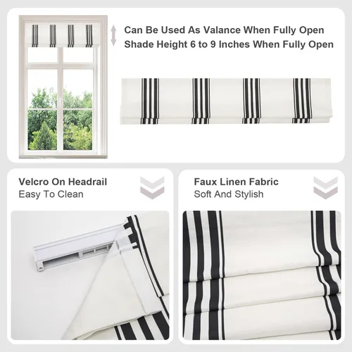 Vista 5 de Persianas romanas sin cordón, persianas romanas para ventanas con rayas negras de bloqueo total premium, persianas romanas personalizadas de tela