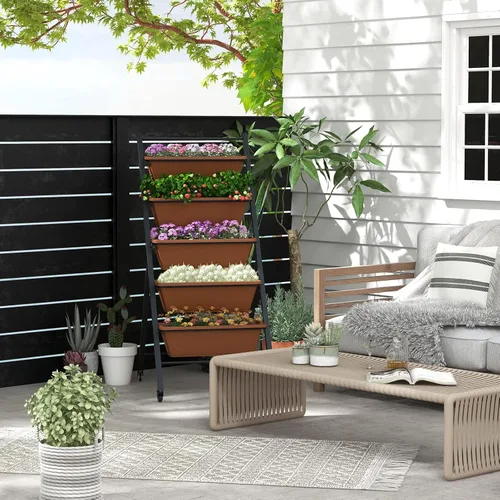 Vista 9 de Safstar - Macetero vertical de 5 niveles, cama de jardín elevada con 2 ruedas con bloqueo, 5 jardineras extraíbles, marco de metal, caja