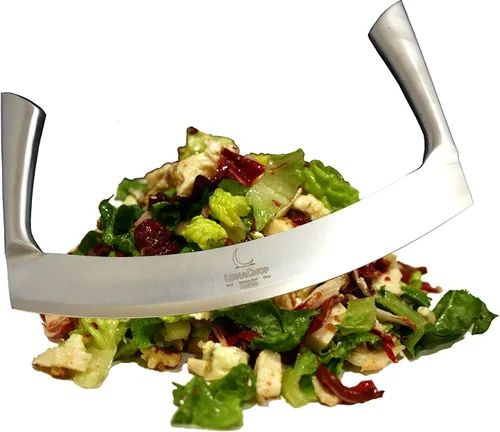 Vista 3 de Mezzaluna - Cuchillo para picar verduras para ensalada picada, cuchillo industrial para pizza (hoja de 14 pulgadas)