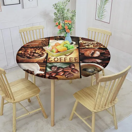 Vista 2 de Mantel decorativo redondo ajustable, estampado marrón, con bordes elásticos de poliéster, diseño de texto "I Love Coffee Theme Collage, se adapta a