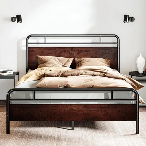 Vista 15 de SHA CERLIN Base de cama tamaño completo con cabecera de madera industrial vintage, plataforma de metal resistente con almacenamiento debajo
