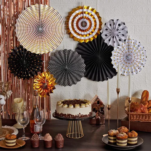 Vista 6 de SUNBEAUTY Abanicos de papel dorados y negros para fondo de fiesta de té, boda, primavera, cumpleaños, aula, baby shower, Halloween, decoración