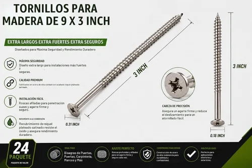 Vista 2 de Tornillos para madera de níquel plateado satinado de 9 x 3 pulgadas, tornillos extra largos para bisagra de puerta, tornillos de seguridad