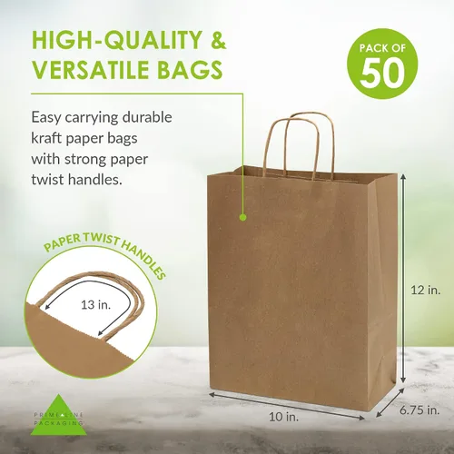 Vista 4 de Prime Line Packaging Bolsas de papel marrones, bolsas de compras medianas con asas para pequeñas empresas, alimentos para llevar, comestibles, venta