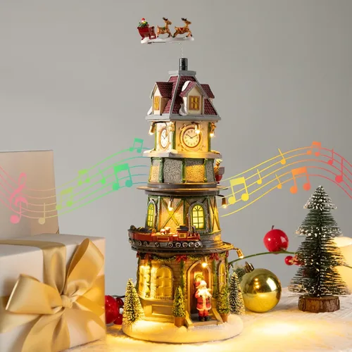 Vista 5 de Casas de Pueblo Navideño Edificios Coleccionables de Navidad Campanario con Luces LED, Pueblo de Vacaciones Navideñas Musical con USB Figuras