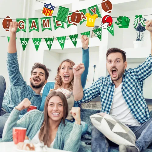 Vista 4 de 3 piezas de banderines con temática de rugby y fútbol americano, guirnalda para decoración de fiestas temáticas deportivas, suministros de decoración