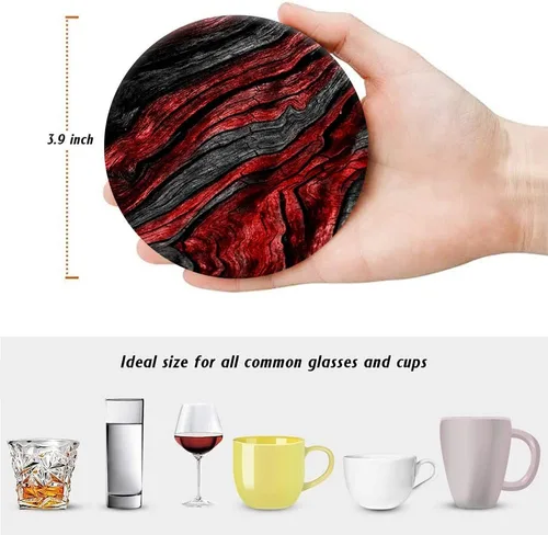 Vista 2 de HUXJOKO Juego de 6 posavasos de cerámica absorbente de grano de madera rojo y negro, tapete redondo de piedra, con base de corcho y soporte de metal
