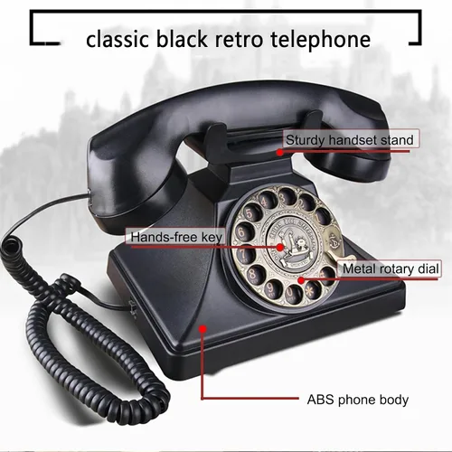Vista 5 de Teléfono fijo clásico retro con cable, teléfonos vintage negros, teléfono giratorio de la vieja escuela, teléfono antiguo con timbre mecánico