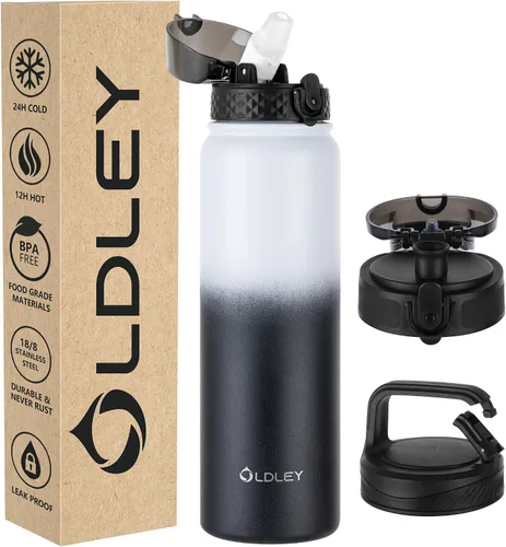 Vista 28 de Botella de agua aislada Oldley de 12 oz con pajita, botella de agua de acero inoxidable con 2 tapas, botellas de doble pared con vacío para adultos