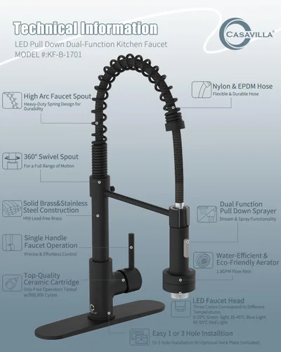 Vista 8 de Llave de cocina negra con luz LED, llave de cocina con dispensador de jabón, llave para fregadero de cocina, llave de cocina de acero inoxidable