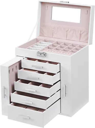 Vista 9 de ANWBROAD Caja organizadora de joyas Caja de joyería para mujer con cerradura de 6 niveles Caja de almacenamiento de joyería blanca para aretes