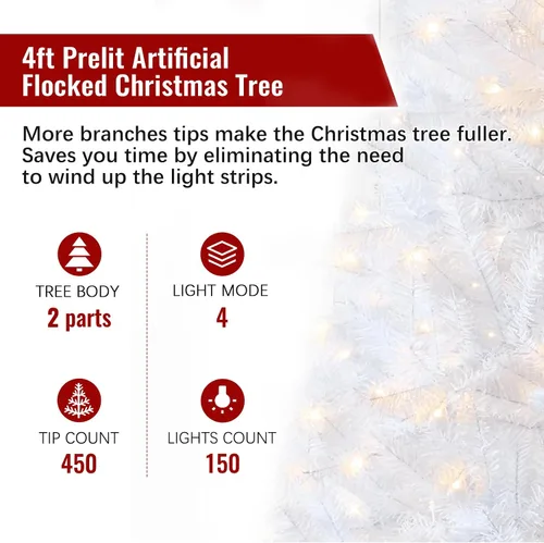Vista 2 de Árbol de Navidad artificial preiluminado blanco de 4 pies, árbol de Navidad falso
