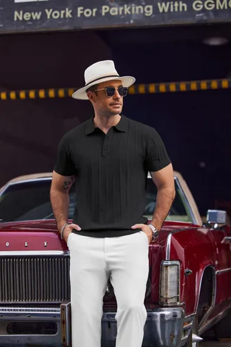 Vista 109 de COOFANDY Camisas polo de punto para hombre de manga corta con textura acanalada Camisas de golf casuales y ligeras con cuello Camiseta de polo