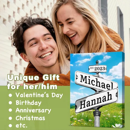 Vista 2 de WNNNS Póster de letrero de calle vintage con nombre personalizado para parejas, novia, novio, impresiones en lienzo personalizadas para enamorados