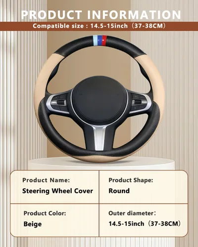 Vista 7 de Funda personalizada para volante de automóvil para BMW X1, X2, X3, X4, X5, X6, X7, i3, i4, i5, 14.5-15 pulgadas (beige)