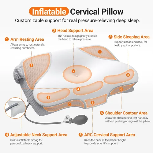 Vista 3 de Almohada cervical inflable para dormir con soporte ajustable, almohada ergonómica de espuma viscoelástica para dormir, almohada de apoyo