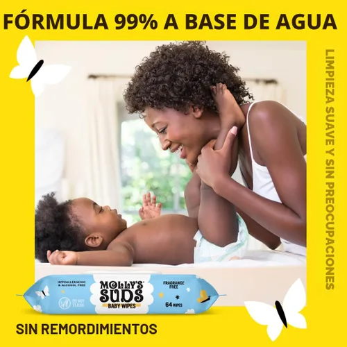 Vista 3 de Molly's Suds Toallitas limpias para bebés sensibles 99% de agua, a base de plantas, sin fragancia 384 toallitas en total (6 paquetes abatibles)