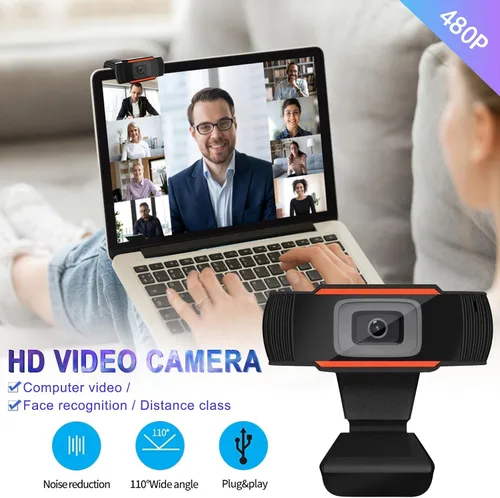 Vista 5 de Cámara web HD de 480P con micrófono, gran angular de 110°, para videoconferencias, grabación de videollamadas, cámara web de PC USB para PC, cámaras