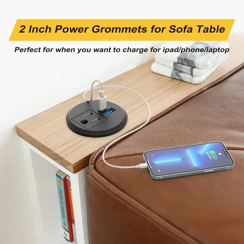 Vista 5 de Ojal de alimentación de escritorio de 2 pulgadas USB C PD de 20 W, enchufe de regleta de alimentación empotrada con enchufes de CA y 2 puertos