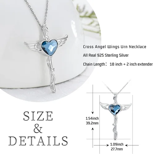 Vista 4 de Angel Necklace 925 Sterling Silver OpalMoonstoneBlue Crystal Angel Wings Cross Urn Pendant Necklace Hypoallergenic Moonstone Angel Cross Pendant