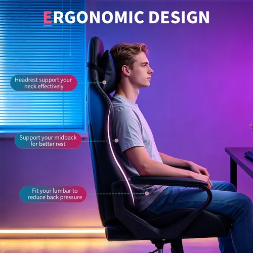 Vista 5 de FDW Gaming Chair PU Leather Computer Chair Executive Headrest Lumbar Support Ergonomic Racing Desk Chair with Armrests 360° Swivel & Caster Five Blue