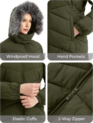 Vista 6 de Wantdo - Chamarra acolchada larga para mujer, chaqueta ligera y cálida con capucha Verde militar