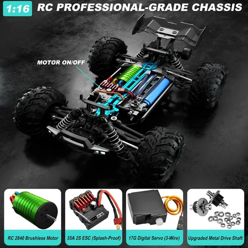 Vista 3 de Auto RC sin escobillas a escala 1:16 para adultos, alta velocidad de 45+ MPH, camión RC 4WD impermeable todo terreno con 2 baterías y controlador