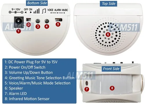 Vista 2 de Alarma portátil con sensor de movimiento y timbre de alerta de entrada con sonido de sirena de 90dB