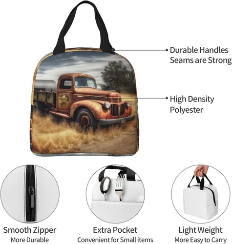 Vista 7 de Viejo camión coche impresión bolsa de almuerzo portátil aislado reutilizable bolsa de almuerzo caja de almuerzo para el trabajo camping viaje picnic