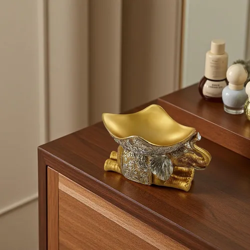 Vista 6 de Lescafita Escultura de Elefante Africano Dorado, Exquisita Decoración Animal para el Hogar, con Bandeja de Almacenamiento en la Parte Superior