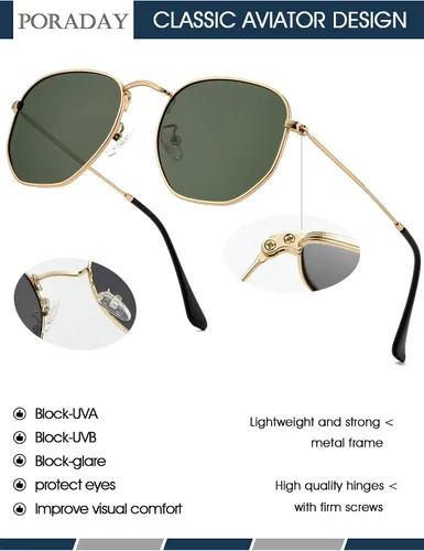 Vista 5 de PORADAY Lentes de sol polarizados hexagonales para mujeres y hombres, vintage, cuadrados, de metal, lentes de sol geométricos