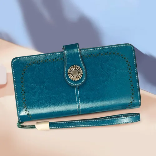 Vista 7 de HUANLANG Cartera grande de cuero para mujer con bolsillo para monedas, organizador de cartera RFID para mujer con correa para muñeca, Estilo 2