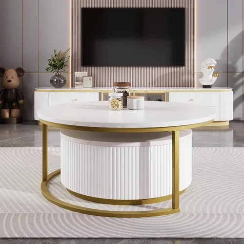 Vista 3 de Moderna mesa de centro redonda anidable acanalada con cajón en blanco y dorado en 27.6 pulgadas