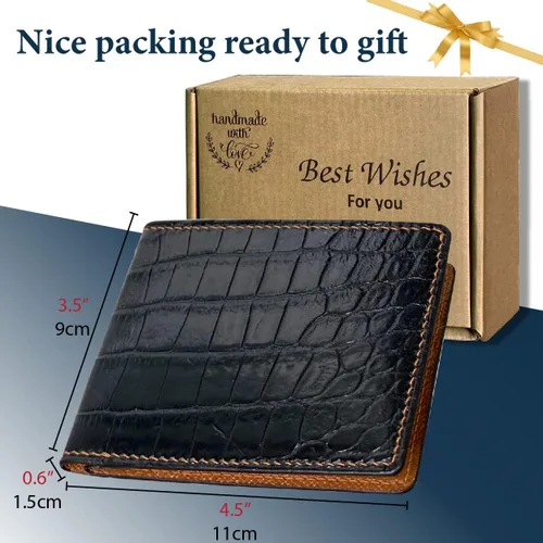 Vista 5 de HATA Cartera plegable de cocodrilo para hombre, hecha a mano para vientre o bocina con bloqueo RFID por vietnamita, Bifold- Black-Croc Belly-Hand