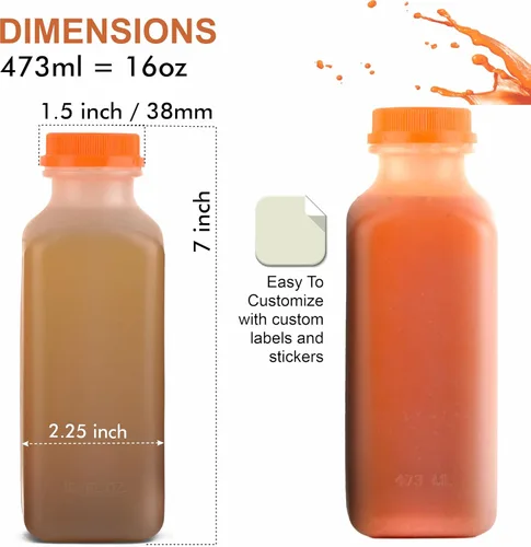 Vista 2 de EcoQuality [Paquete de 50] Botellas vacías de plástico para jugo con tapas a prueba de manipulaciones de 16 onzas, botellas de batidos, ideales