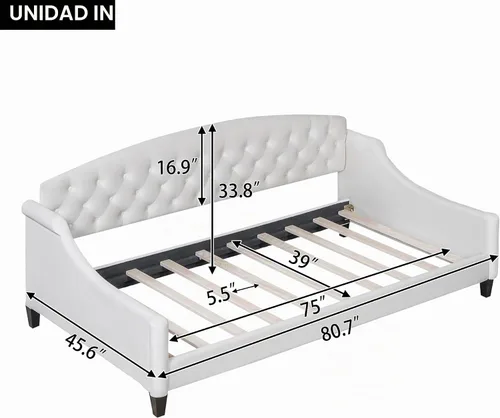 Vista 2 de Cama individual de tamaño doble, cama individual de lujo con botones capitoné, estructura de cama individual de tamaño doble tapizada, sofá cama